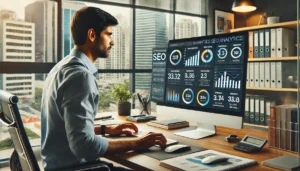 A modern office scene showing a Brazilian accountant working on a computer. The computer screen displays balance sheets alongside SEO analytics tools.